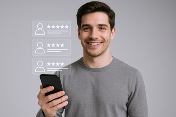Happy young man smiling while using smartphone with digital review icons overlay.