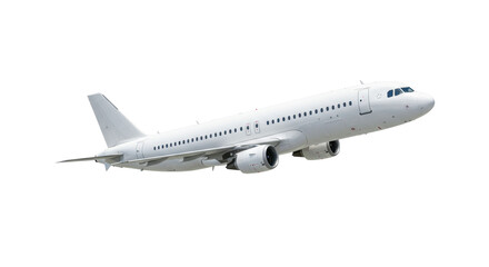 A sleek, modern, white commercial passenger airplane, resembling an A320, in a high-angle aerial view mid-flight, wings angled, against a transparent background with copy space, no shadows, UHD