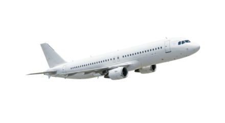 A sleek, modern, white commercial passenger airplane, resembling an A320, in a high-angle aerial view mid-flight, wings angled, against a transparent background with copy space, no shadows, UHD
