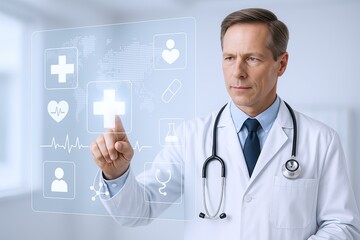 Modern male doctor interacting with digital health interface in a clinical setting.