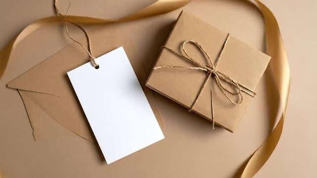 Gift with tag, ribbon, and envelope on neutral background