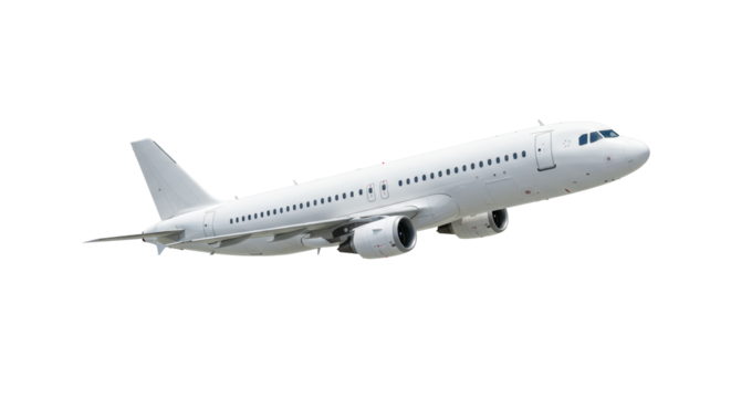 A sleek, modern, white commercial passenger airplane, resembling an A320, in a high-angle aerial view mid-flight, wings angled, against a transparent background with copy space, no shadows, UHD