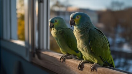 Two vibrant green parrots perched on a windowsill, enjoying the warm sunlight and providing a cheerful atmosphere.