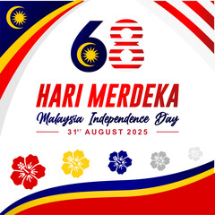 68th Malaysia "Merdeka Day" Means Independence Day 2025 greeting card, poster, banner, background, template. August 31st celebration of Hari Merdeka Malaysia national day.