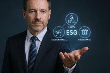 Businessman in suit interacting with floating ESG environmental social governance icons.