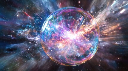 Vibrant iridescent sphere exploding with cosmic energy and light in space.
