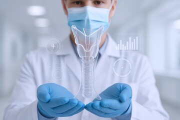 Futuristic medical professional holding transparent respiratory mask with digital data overlay.