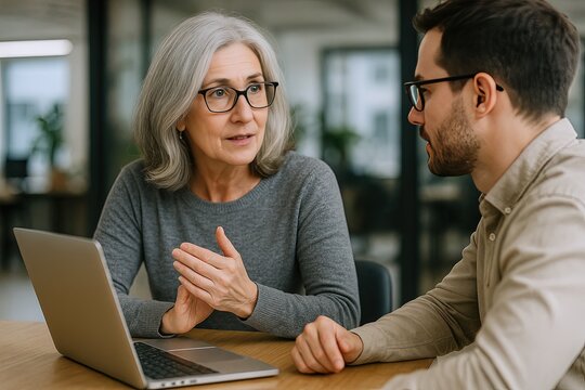 Elderly woman engaging in meaningful conversation with young man at modern office desk.