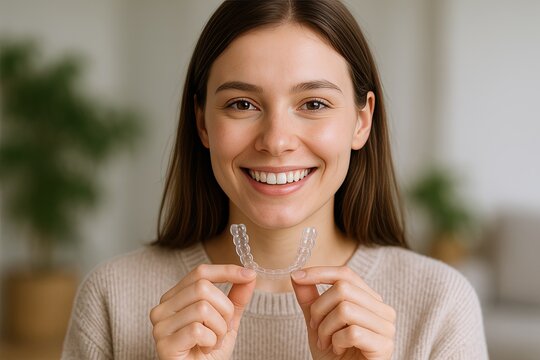 Smiling young woman holding clear dental aligners showing healthy teeth indoors.