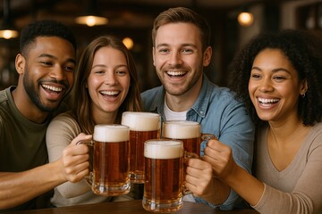 Group of diverse young adults laughing and celebrating together with beer mugs in a lively bar scene.