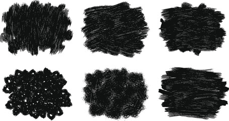 Vector art of a set of six black grunge textures and backgrounds isolated on transparent background for graphic design