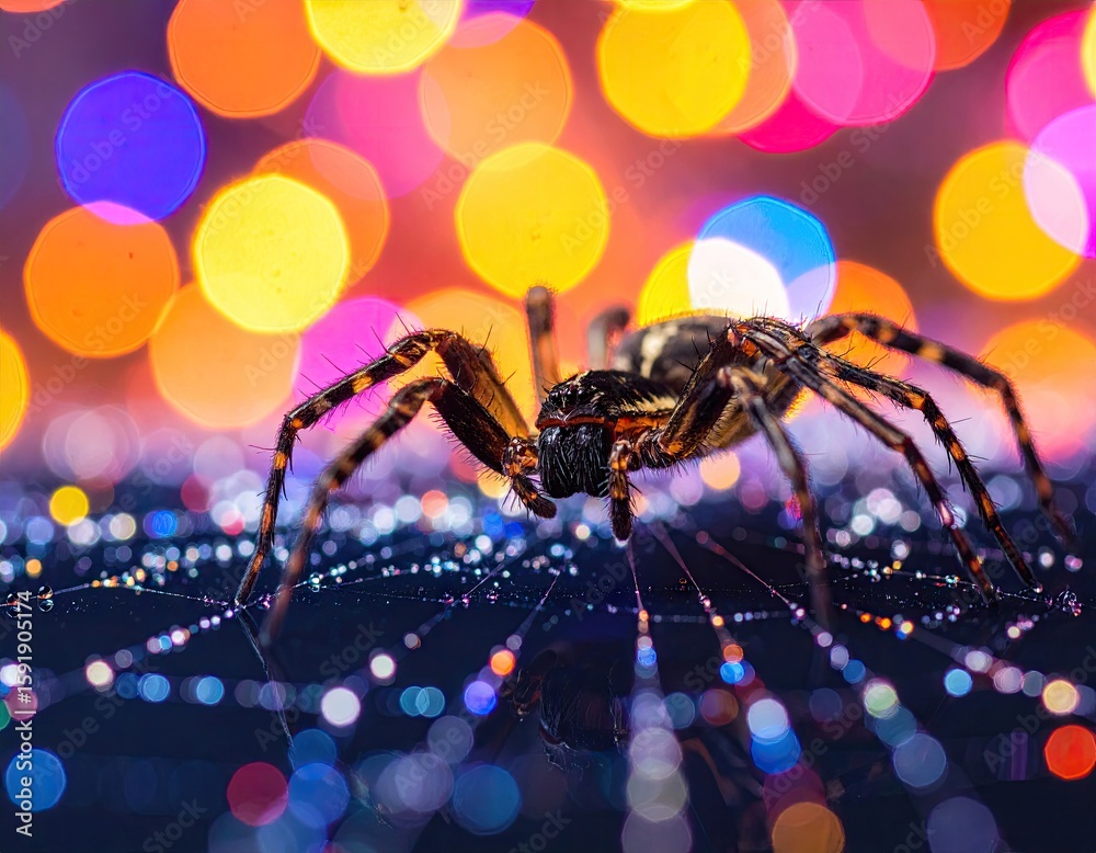 Wall mural close-up of spider on web with colorful bokeh