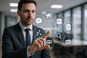 Business professional using interactive digital marketing and SEO icons in office.
