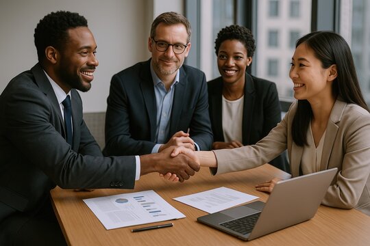 Diverse Business Team Meeting Handshake Collaboration in Modern Office Environment.