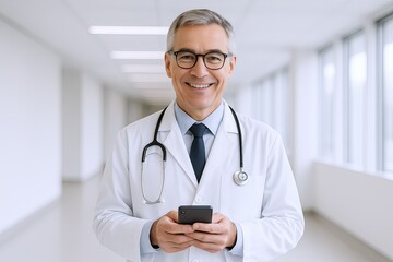 Smiling mature male doctor in white coat with stethoscope using smartphone in hospital corridor.