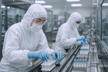 Two scientists in protective suits working in a high-tech laboratory conducting experiments.