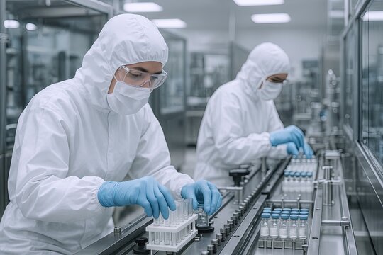 Two scientists in protective suits working in a high-tech laboratory conducting experiments.