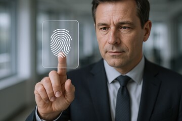 Professional businessman using biometric fingerprint scanner for security access in modern office.