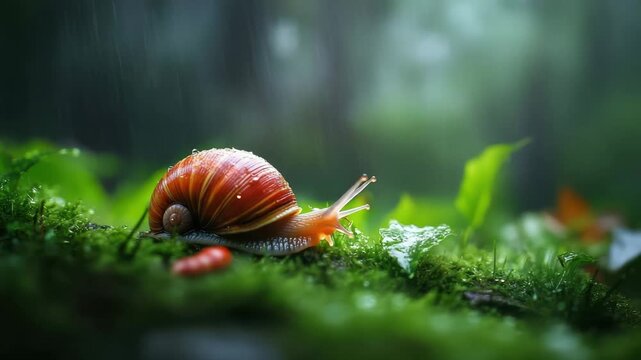 Snail with a reddish shell crawling on green moss during rainfall in a blurred forest environment showcasing a wet