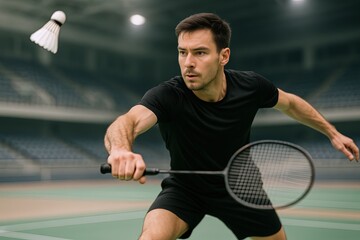 Young male tennis player lunging to hit ball on professional court during match action.