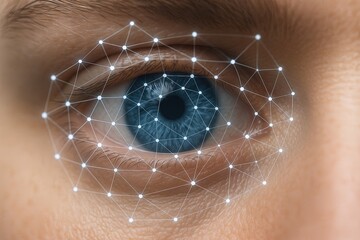 Close-up of a Human Eye with Digital Network Overlay and Glowing Data Particles.