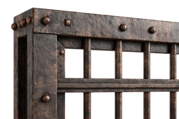 Close up shot showcases a weathered metal gate with rivets creating a rustic and aged appearance design