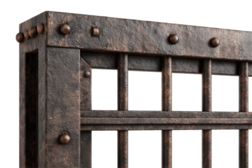 Close up shot showcases a weathered metal gate with rivets creating a rustic and aged appearance design