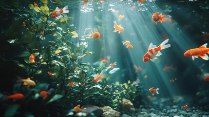 Sunlight streams through underwater aquatic garden with many goldfish.
