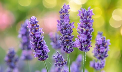 Fototapeta premium Vibrant Purple Lavender Flowers Blooming in a Summer Garden with Bokeh Background