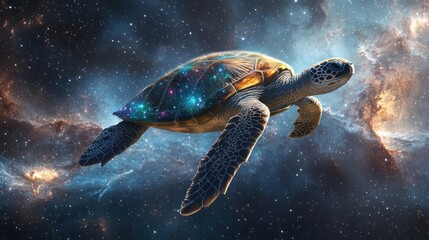 A majestic sea turtle navigates the cosmos, its shell adorned with celestial constellations, amidst a vibrant nebula of stars and galaxies.