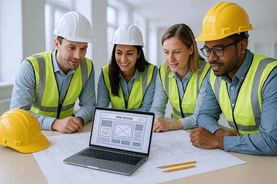 Diverse group of engineers and architects collaborating over construction project plan on laptop in modern office.