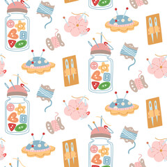 Sewing pattern. Needle case with pins, thread, set of needles, glass jar with buttons. Seamless flat color texture. For packaging, branding of sewing store, chain of tailoring shops, handmade sewing