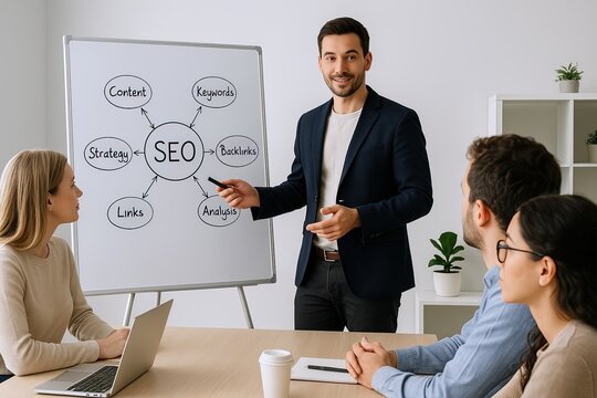Business Meeting with a Male Presenter Explaining SEO Concepts to Female Colleagues.