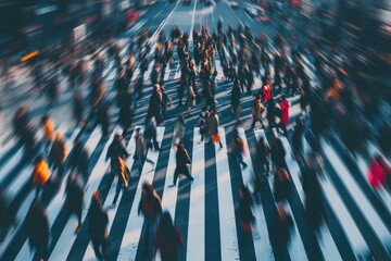 Aerial view captures crowds crossing a busy zebra crossing in an urban city street scene concept