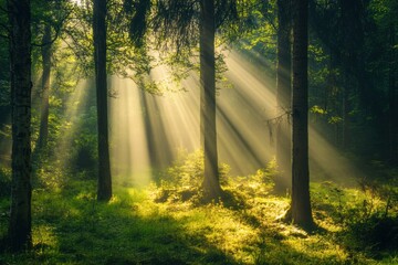 Obraz premium Forest floor lit by warm rays of morning sun