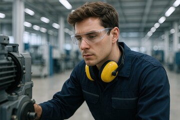 Male industrial technician inspecting machinery equipment in modern factory setting.