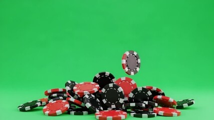 Casino chips falling and piling up on a vibrant green screen background creating a dynamic gambling concept with red black and green chips for 4K Ai HD video.
- Powered by Adobe