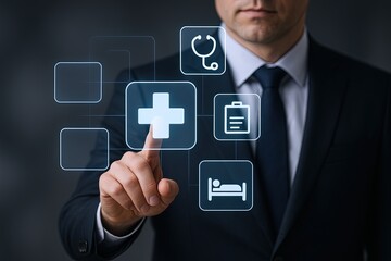 Obraz premium Modern medical technology interface with health icons and healthcare system concepts.