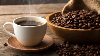 Fototapeta premium Steaming cup of hot coffee next to a bowl overflowing with roasted coffee beans