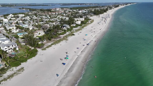 aerial flying backward away from Holmes Beach and up the coastline to Anna Maria, AMI, Florida