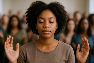 Peaceful woman meditating with eyes closed in a yoga class surrounded by diverse women.