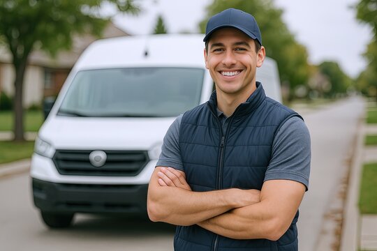 Smiling delivery driver standing outdoors in front of white delivery van on suburban street.