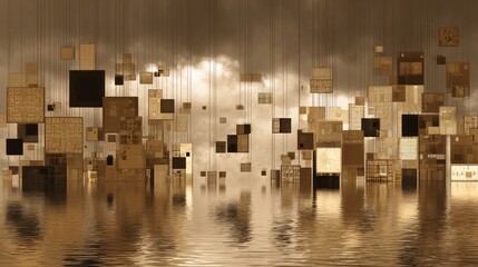 Suspended rectangular forms over a reflective surface.