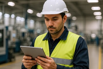 Male factory worker wearing safety helmet and vest using digital tablet in industrial environment.