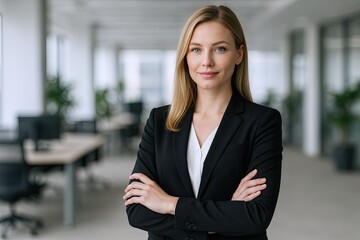 Professional confident woman in formal black blazer smiling in bright modern office environment.