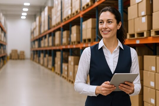 Smiling female warehouse worker holding tablet in aisle of storage shelves with boxes. - Powered by Adobe