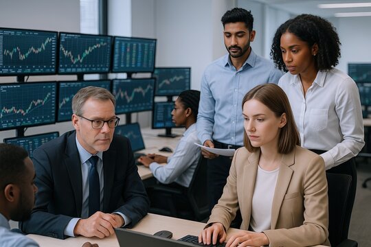 Business team discussion analyzing financial market data with multiple screens and diverse professionals.