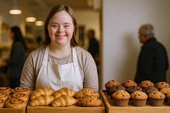 Friendly young woman baker smiling at counter with fresh bread and muffins in bakery shop.
