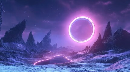 Pink neon ring hovers over a fantastical, icy, alien landscape at night.