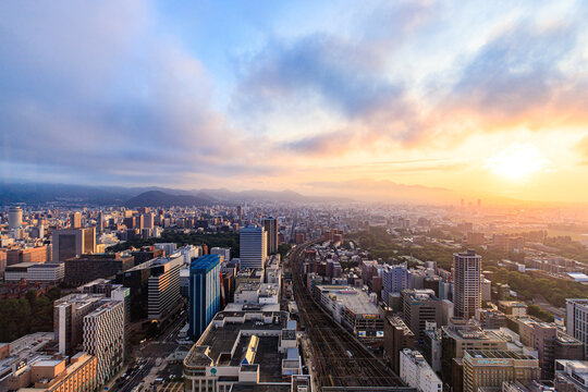 Hokkaido, JapanBeautiful Sunrise Over Sapporo City Skyline in Hokkaido Japan

